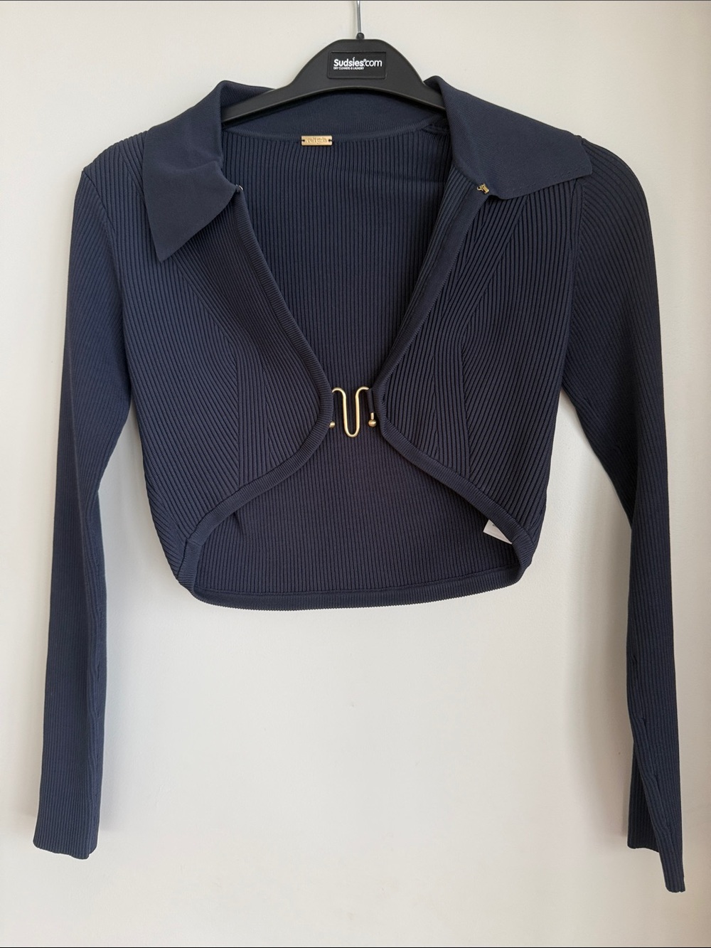 cult gaia Navy Ribbed Cropped Bolero with Gold Hook